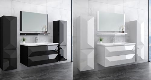 Faizee Home | Badmöbel-Set Miran 90 cm in Hochglanz Schwarz – Modernes Badezimmer-Set mit Keramik-Waschbecken, Soft-Close Unterschrank & 2 Seitenschränken | Komplettes Badmöbel-Programm