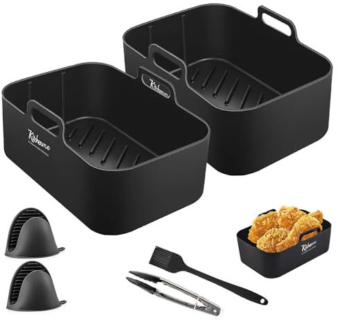 Kitchenme Silicone Air Fryer Liner Pack of 2 with Brush, Tong and Mitts - Tower Dual - Instant (Black)