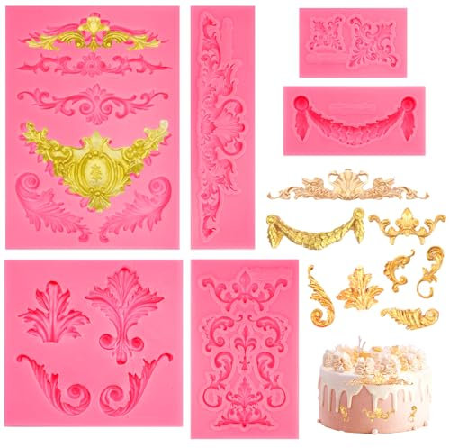 6 Piezas Molde de Silicona para Fondant, Molde de Silicona Barroca Moldes Relieve Retro, 3D Moldes de Silicona, Molde de Silicona para Pasteles para Fondant, Pastel, Chocolate, Decoración de Postres