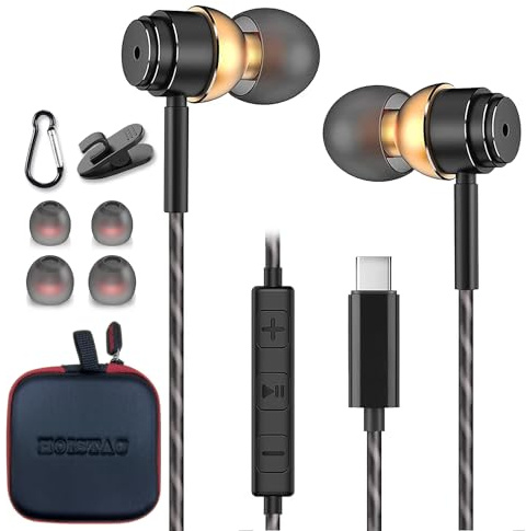 HOISTAC Casque USB C, Casque Type C avec Microphone Hi-FI stéréo écouteurs USB C avec Fil écouteurs Type C in Ear pour iPhone 15 OnePlus 10 9 Google Pixel 7 6 (Or Noir)