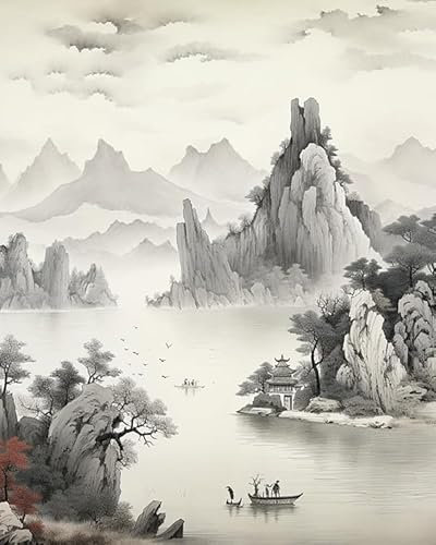 ZMHZMY Malen nach Zahlen Erwachsene,Tusche-Landschaftsmalerei im chinesischen Stil DIY Handgemalt Ölgemälde Kits auf Leinwand Geschenk für Weihnachten Geburtstag Home Haus Deko - Ohne Rahmen