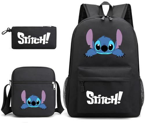 Temolie Stitch Rucksack für Kinder, Federmäppchen, Schultertaschen, Jugendliche, Cartoon, Schule, Büchertasche, modisch, praktische Tasche, geeignet für Jugendliche und Studenten, 3 Stück, schwarz 1,