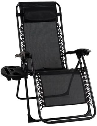 EIGFOH Tumbona Plegable de Jardín Exterior con Portavasos y Reposacabezas, Silla de Playa Ajustable para Piscina, Terraza, Carga de 150 KG (Negro)