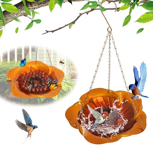 Vogeltränke Insekttränke für den Garten Winterfest - Schöne Blumenform aus Metall mit 50 Bunten Glasperlen - Ideal für Balkon und Garten