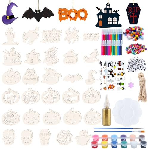 Roselee 294 Stück Halloween Basteln Holz Kinder, DIY Holzanhänger zum Bemalen Fledermaus Hexe Spinne Anhänger, Halloween Deko Basteln Holzbastelsets Geschenk für Jungen Mädchen Handwerk Party
