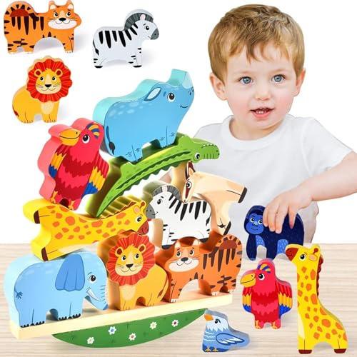 Maxricus Montessori Toys for 1 2 3 Year Old Boys Girls Gifts - Wooden Animal Toy for Toddlers,Stacking Blocks Toy,Colorful Animal Building Toys for 1 2 3 Year Old