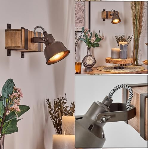 HOFSTEIN Wandleuchte Pehefito, Wandlampe aus Metall/Holz in Grau/Naturfarben, verstellbare Leuchte im Vintage/Industrial-Design mit Holzbalken, GU10, Wohnzimmer, Schlafzimmer, Küche, Flur, Treppenhaus