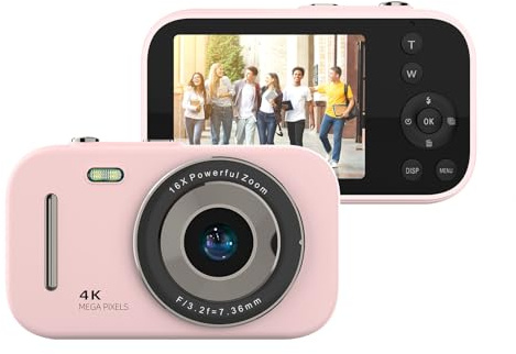 Andoer Appareil photo numérique portable 4K - Appareil photo numérique compact - 48 Mp - Écran IPS de 7,1 cm - Zoom 16x - Batterie intégrée - Anniversaire pour adolescents, étudiants, amis