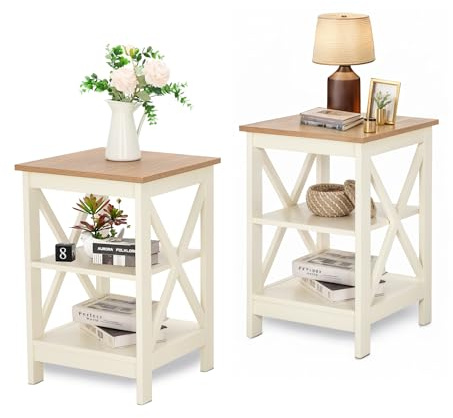 MAISON ARTS 2er Set Nachttisch Nachtschrank Beistelltische Ablagetisch 3 Ebenen Moderne Sofatisch mit Stauraum für Schlafzimmer Wohnzimmer Elfenbein