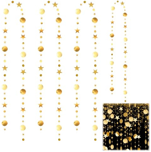 52Ft Reflective Gold Twinkle Circle Dot Star Garland Banner for Birthday Party, Wedding, Baby Shower Decor