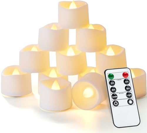 Homemory 12 Stück 2/4/6/8 Stunden Fernbedienung Timer Fake Kerzen, 400+ Stunden flackernde, flammenlose Teelichter, batteriebetrieben, LED-Votivkerzen für Hochzeit, Urlaub, Valentinstag, Dekoration