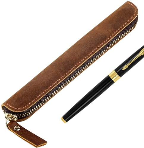 JANKOW Crazy Horse Leather Pen Pouch Handmade, Single Pen Case Fountain Pen Sleeve Holder Pouch Cover Vintage, Mini Pencil Bag (Brown)