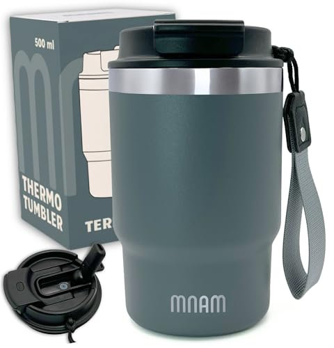 mnam - Taza Termo Cafe para Llevar - Taza Termica Acero Inoxidable con Asa - Vaso Termico Reutilizable para Bebidas con Pajita - Termo Pequeño Cafe - Travel Mug Coffee Cup (500 ML)