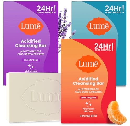 Lume Acidified Body Cleansing Bar - 24 Hour Odor Control - Removes Odor Better Than Soap - Moisturizing - No SLS or Parabens - OB/GYN Developed - 8.5 Ounce, 3 Pack (Tangerine, Lavender, & Unscented)