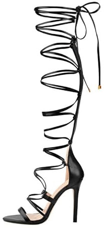 Meinabsatz Damen Sandaletten High Heels Langschaft Römersandalen Riemchensandalen mit Pfennigabsatz Lederoptik Schwarz 39 EU