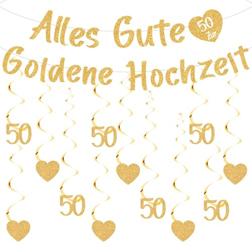 Goldene Hochzeit Deko Girlande Set - 50 Hochzeitstag Dekoration Banner und Hängende Wirbel Zahl 50, Gold Spiralen Hängedeko Garland für 50. Jubiläum Partydeko