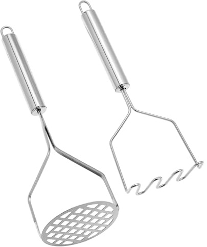 QWORK 2 Pcs Potato Masher Set, Heavy Duty Stainless Steel Kitchen Tool with Regular Round Hole and Large Gaps