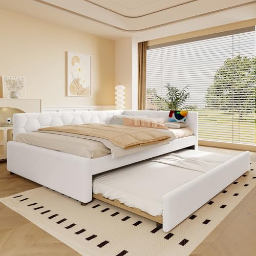 NNJN Cama diurna, sofá cama, cama con somier, con lámpara de noche, con cama nido multifuncional, material cómodo, imitación de vellón (sin colchón) (blanco, 140 x 200 cm)