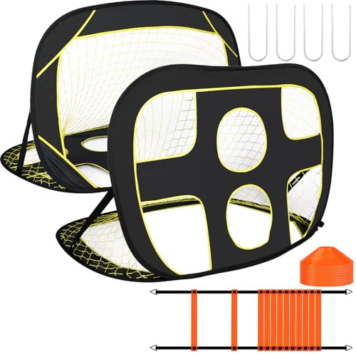 2-in-1 Porta da Calcio Pop up - porta calcio bambini con Borsa a Mano per Giardino Interni ed Esterni - Comprende 6 Metri di Scala di Coordinazione (12 Gradini) e 10 piccoli Coni Marcatori