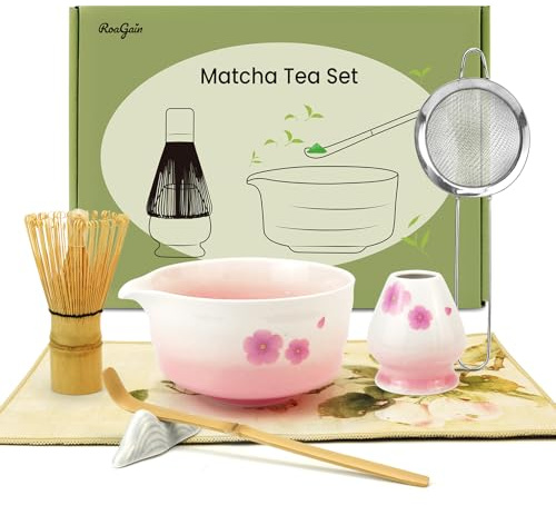 7 Stück Matcha Set, Rosa Matcha Tee Set, Matcha Schale mit Ausgießer, Matcha Besenhalter, Matcha Whisk,Matcha Tea Sets für Matcha-Liebhaber