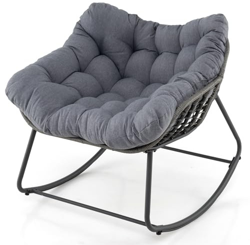LIFEZEAL Sedia a dondolo da giardino, in rattan, per esterni, con cuscino imbottito, per balcone, veranda, soggiorno e terrazza (grigio)