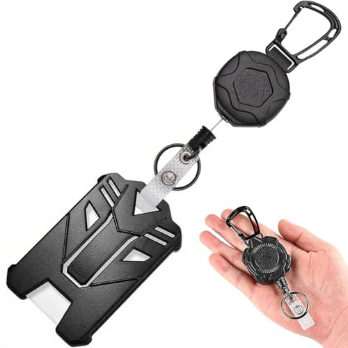 Ruayia Robuster ID-Kartenhalter mit verstellbarem Karabinerhaken, ausziehbarer Rollmechanismus, Praktisches Multifunktions Schlüsselring für Ausweise, Gürtelclip und Schlüssel - Schwarz