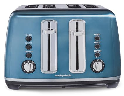 Morphy Richards Accents Toaster 4 Slice Toaster, Variable Browning, Wide Slots, High Lift, Illuminated Buttons, Removable Crumb Tray, Cancel, Reheat, Defrost, Integrated Cord Storage, Blue, 242049