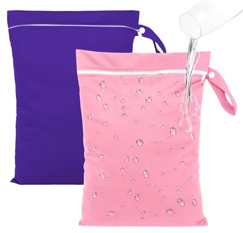 Deepton 2 Stück Nassbeutel 40 x 30 cm, Wasserdicht Wetbag Schwimmsachen | Nasstasche mit Reißverschluss, Wiederverwendbar Reise Wäschesack für Badeanzüge, Strandtücher, Windeln, Rosa & Lila