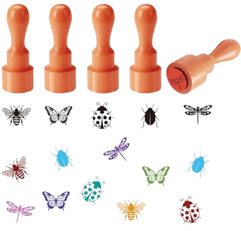 AHANDMAKER 5 Stile Insekten Dekorative Stempel Schmetterling Biene Käfer Libelle Marienkäfer Muster Mini Ei Stempel Aus Holz Für Scrapbooking Kartenherstellung Planer Aufkleber