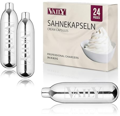 Vaily Sahnekapseln 24er Pack - N2O Kapseln für Sahnespender und Sahnesyphons - Zum einfachen Zubereiten von Sahne, Espumas, Suppen und mehr