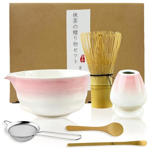Te Matcha Kit,6 Piezas Matcha Set con Cuenco de Matcha,Batidor de Matcha de Bambú,Soporte para Batidor,Colador,Cuchara para Matcha,Portacucharas,Kit Ceremonia Tradicional Japonesa Del Té