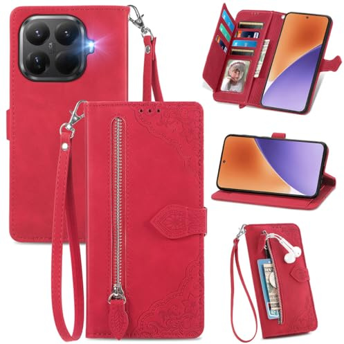 MOJIA Coque Porte Monnaie pour Xiaomi 15T Pro, Etui Portefeuille en Cuir PU avec Cover en TPU, Etui Multifonctionnel Porte-Cartes avec Dragonne. Rouge