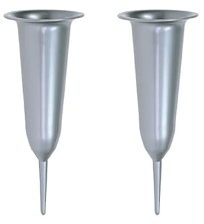 Grabvase mit Erdspieß – Wetterfeste Blumenvase für Friedhof & Garten – stabile Grabeinsteckvase aus Kunststoff – Frostsicher & UV-beständig – Blumenschmuck für Grabgestaltung (2 Stück, Silber)
