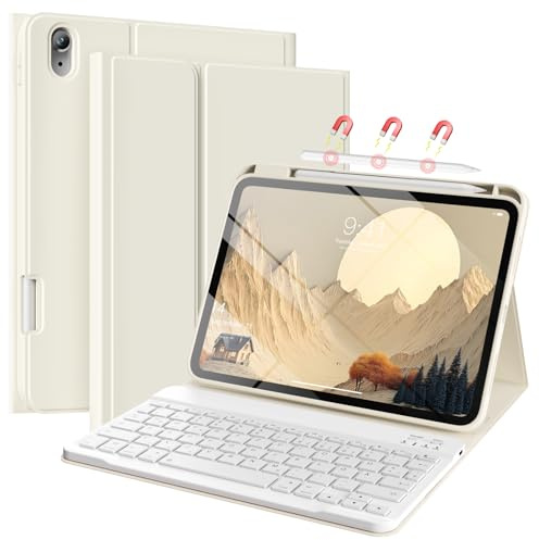 GKABXY Funda con teclado para iPad A16 11/10 generación con soporte para lápiz | Funda de teclado Bluetooth desmontable magnética para iPad de 11 pulgadas 2025/iPad 10. Gen 10.9 Pulgadas 2022 Crema Blanco