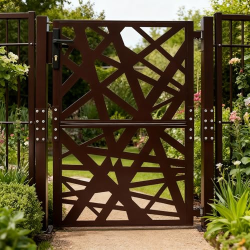 ROMYIX Gartentor Metall 105x125cm Eisentor mit Seitenteilen & Schloss, Sicherheitstor für Garten, Einfahrt & Hof, Zauntor aus Stahl, 180° Öffnung, Rostschutz (Braun)