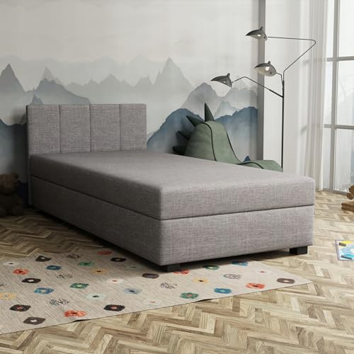 TAPCZANY24 - Boxspringbett Adel 100x200 cm mit Taschenfederkern Matratze | Bett mit Matratze, Polsterbett mit Bettkasten, Gepolstertes Einzel Bett, Schlafsofa - Grau