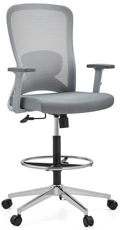 hjh OFFICE Counterstuhl Ergonomisch Top Work 44 W – Hoher Verstellbarer Arbeitsstuhl aus Netzstoff, Höhenverstellbare Armlehnen, Lendenwirbelstütze & Fußring, Grau
