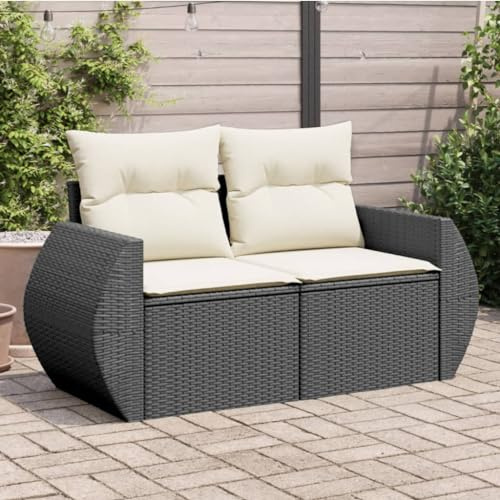 Runheo Gartensofa mit Kissen 2-Sitzer Schwarz, UV-beständiges Poly Rattan, Stauraum, wasserfester Beutel, Bequeme Outdoor-Möbel für Terrasse & Garten