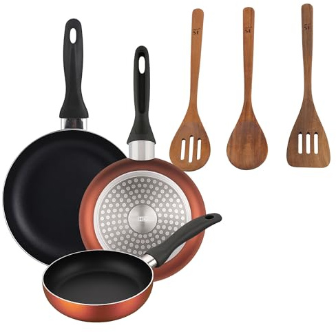 Well Home Set di 3 padelle Ø16Ø20Ø24cm in Alluminio pressato in rame metallizzato+Set 3pc utensili da cucina legno acacia