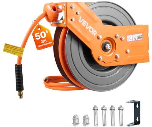 VEVOR Retractable Air Hose Reel, 3/8 Inch x 50 FT Hybrid Air Hose Max 300PSI, Auto Rewind Air-Compressor Hoses Reel with 5 ft Lead in, 180° Swivel Ceiling/Wall Mount for Garage Workshops