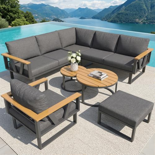 Gartenmöbel Set Modulare Outdoor-Sitzgruppe für 5-6 Personen, Lounge Möbel Balkonmöbel mit 9cm dicken Kissen, 2er-Set Holztische, verstellbare Füße, Metallbasis für Terrasse Balkon Poolbereich Grau