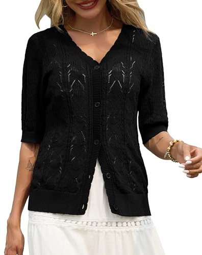 Lovasy Cardigan con Bottoni Donna a Maniche Corte Giacca in Maglia Elegante Curvy Golfino con Scollo a V Aperto Davanti Pullover Leggero ed Traspirante,A-Nero,M