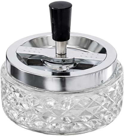 Cenicero de cristal, diseño vintage de corte de cristal con tapa extraíble de acero inoxidable, accesorio de mesa resistente al viento de 4.75 pulgadas