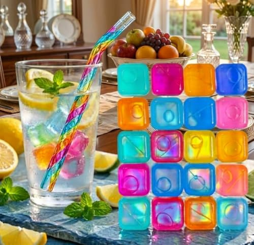 Reusable Ice Cubes for Drinks - Pack of 20 Colourful Plastic Ice Cubes, 2.5x2.5cm | Washable, Fast-Freezing & Non-Diluting Refreezeable Ice Cubes for Cocktails, Whiskey, BBQ Parties & Picnics