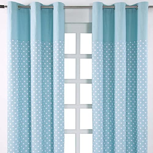 Homescapes Kindervorhang Junge Kinderzimmer Ösenvorhang Dekoschal Stars 2er Set blau 137 x 228cm (Breite x Länge je Vorhang) 100% Reine Baumwolle