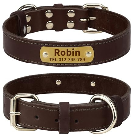 TagME Hundehalsband Personalisiert aus Leder mit Eingraviertem Hundename und Telefonnummer, Hundehalsband aus Echtem Leder für Mittlere Hunde