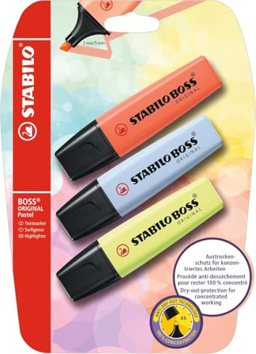 STABILO - Textmarker - BOSS ORIGINAL Pastel - 3er Pack - Korallrot, Wolkenblau, Prise von Limette