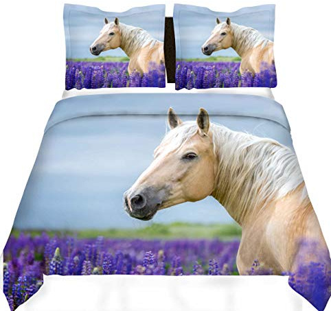 Loussiesd Boys Bedding Sets for Kids Teens Girls Youth Horse Duvet Cover Steed Lavender Bed Cover Wild Animal Bedspread Cover Decorative Wildlife Purple Floral Nature Comforter Cover Double