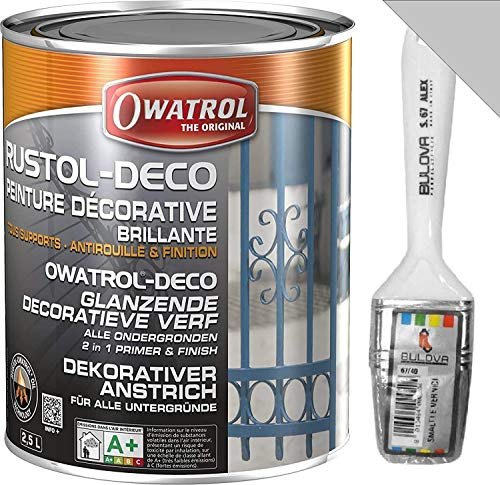Owatrol DECO Vernice Smalto protettivo, Primer antiruggine, perfetto per Ferro (anche zincato), Legno, PVC, Plastica, Tegole. Finitura Lucida (2,5 Lt, Grigio Scuro RAL 7037)