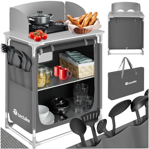 tectake® Campingkök Hopfällbart, portabelt utekök med vindskydd, Värmebeständig arbetsyta, förvaringsfack & bärväska, stabilt campingkök, passar för friluftsliv & picknick - Grå